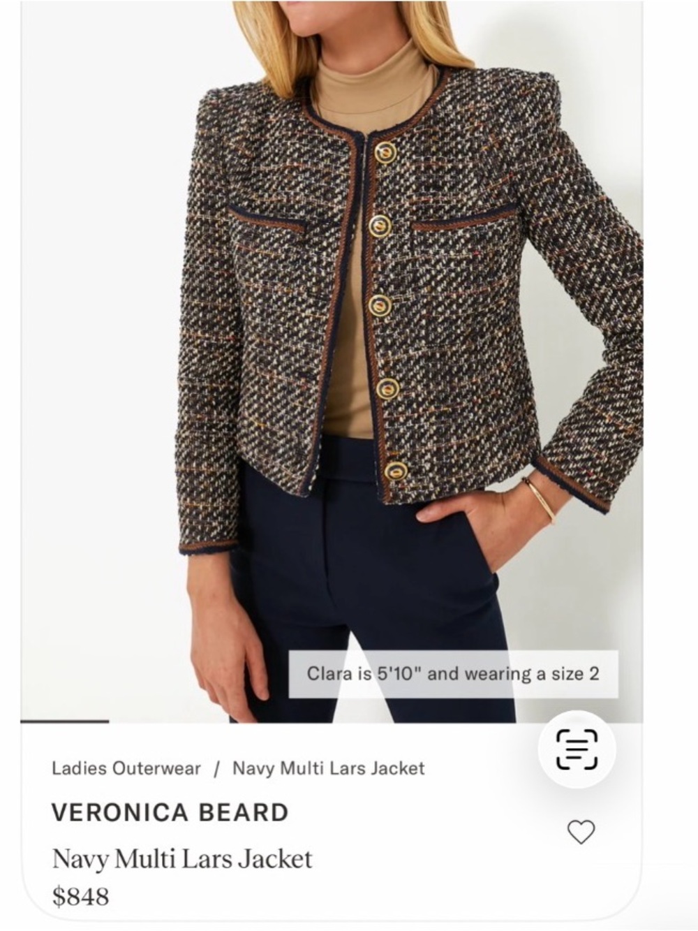 Veronica Beard Navy Multi Tweed Cropped Blazer with Gold Buttons